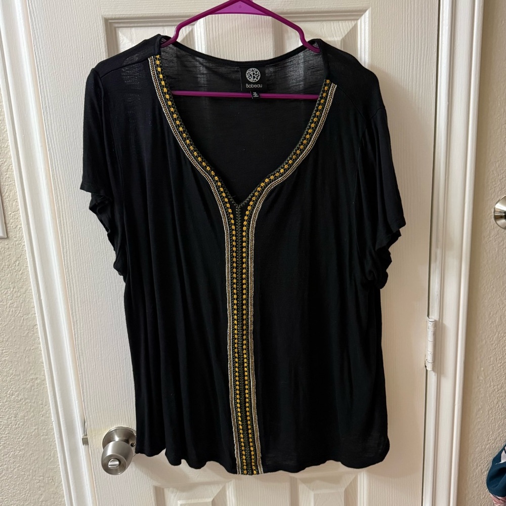 Bobeau Black Top with Gold Beaded Trim